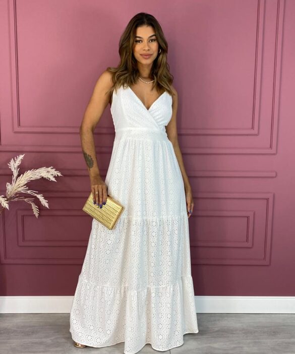 Vestido Longo com Bojo Alça Regulável Laise Branco Fernanda Ramos Store