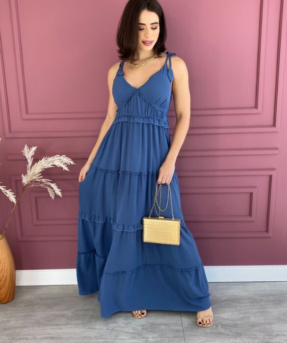 Vestido Longo com Bojo Alças com Amarração Azul Fernanda Ramos Store