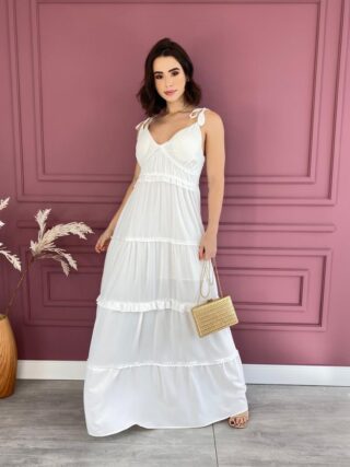 Vestido Longo com Bojo Alças com Amarração Branco - Fernanda Ramos Store