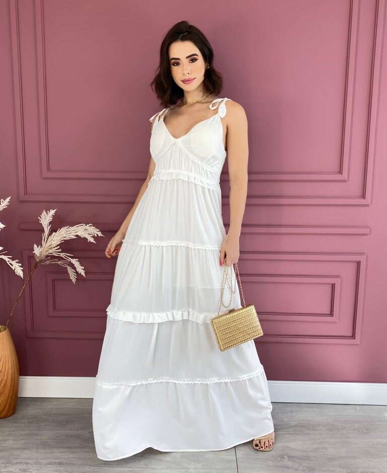 Vestido Longo com Bojo Alças com Amarração Branco - Fernanda Ramos Store