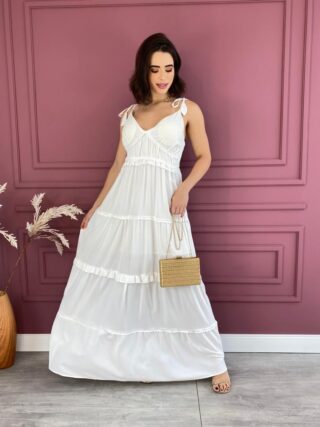 Vestido Longo com Bojo Alças com Amarração Branco Fernanda Ramos Store