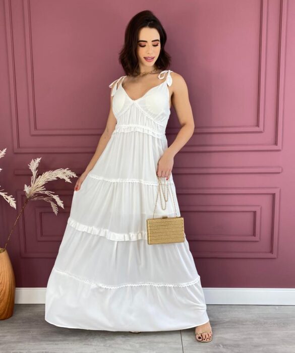 Vestido Longo com Bojo Alças com Amarração Branco Fernanda Ramos Store