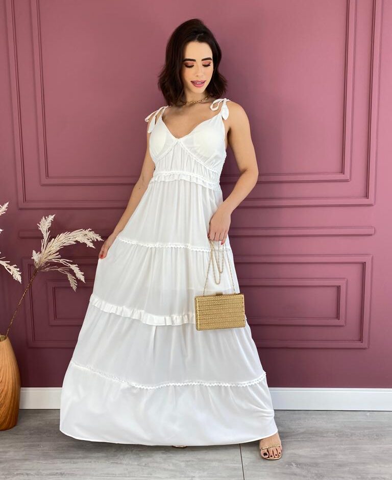 Vestido Longo com Bojo Alças com Amarração Branco - Fernanda Ramos Store