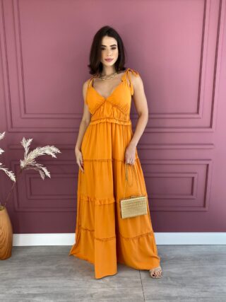 Vestido Longo com Bojo Alças com Amarração Laranja - Fernanda Ramos Store