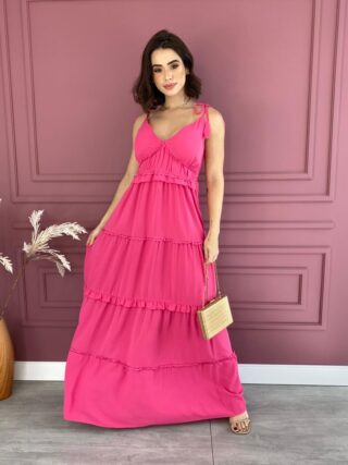 Vestido Longo com Bojo Alças com Amarração Pink - Fernanda Ramos Store