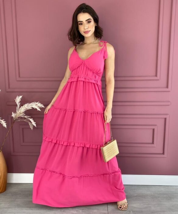 Vestido Longo com Bojo Alças com Amarração Pink - Fernanda Ramos Store