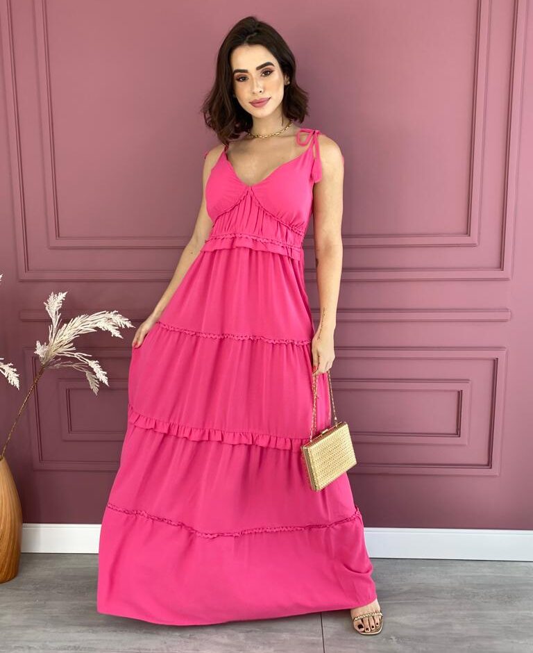 Vestido Longo com Bojo Alças com Amarração Pink - Fernanda Ramos Store