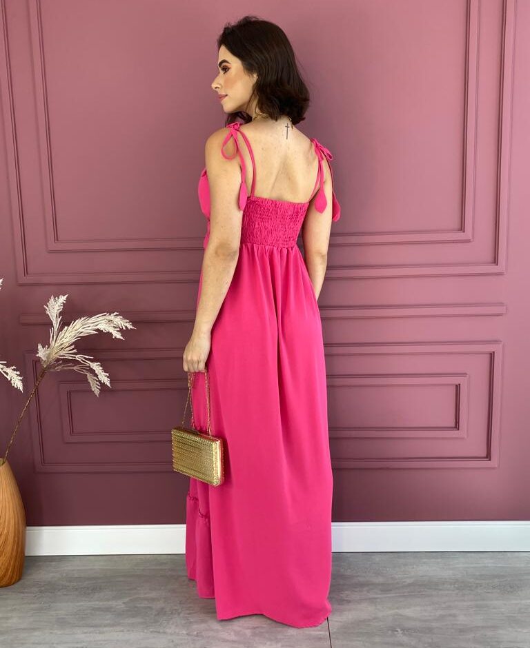 Vestido Longo com Bojo Alças com Amarração Pink - Fernanda Ramos Store