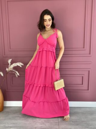 Vestido Longo com Bojo Alças com Amarração Pink - Fernanda Ramos Store