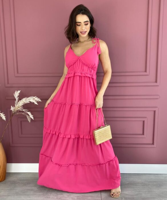 Vestido Longo com Bojo Alças com Amarração Pink - Fernanda Ramos Store