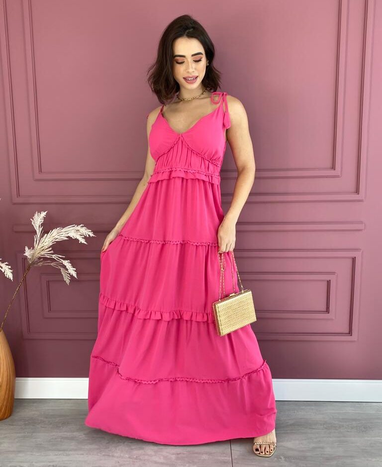 Vestido Longo com Bojo Alças com Amarração Pink - Fernanda Ramos Store