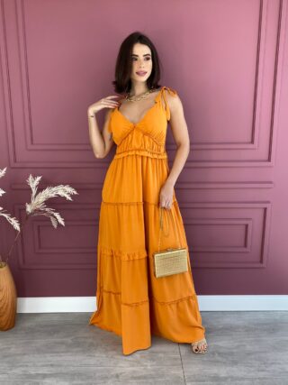 Vestido Longo com Bojo Alças com Amarração Laranja - Fernanda Ramos Store