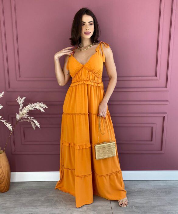 Vestido Longo com Bojo Alças com Amarração Laranja Fernanda Ramos Store