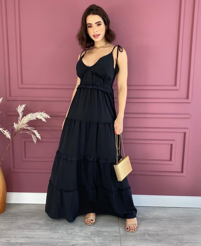 Vestido Longo com Bojo Alças com Amarração Preto - Fernanda Ramos Store