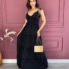 Vestido Longo com Bojo Alças com Amarração Preto Fernanda Ramos Store