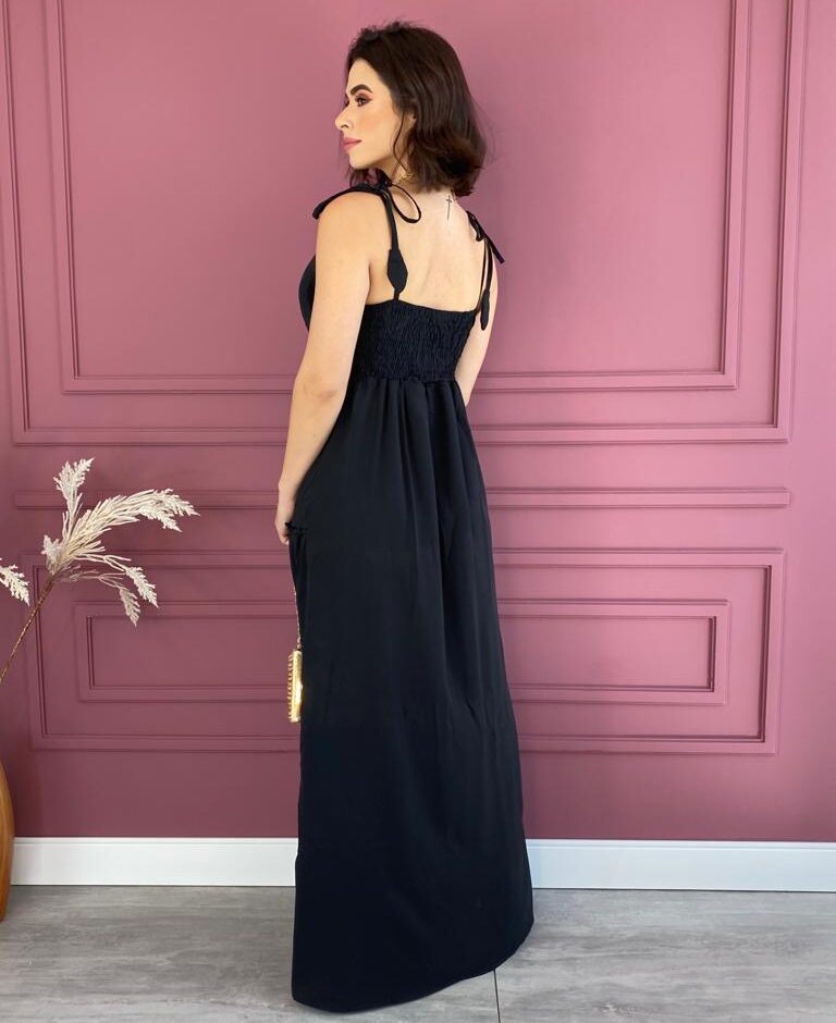 Vestido Longo com Bojo Alças com Amarração Preto - Fernanda Ramos Store