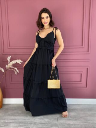 Vestido Longo com Bojo Alças com Amarração Preto Fernanda Ramos Store