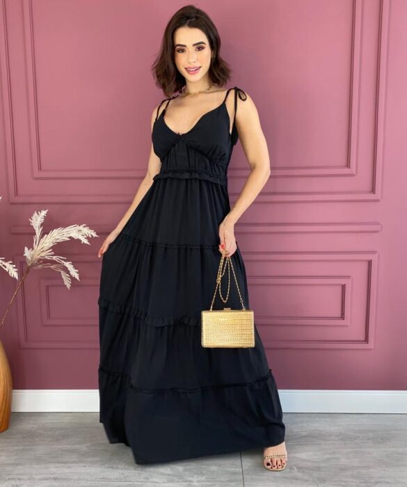 Vestido Longo com Bojo Alças com Amarração Preto Fernanda Ramos Store