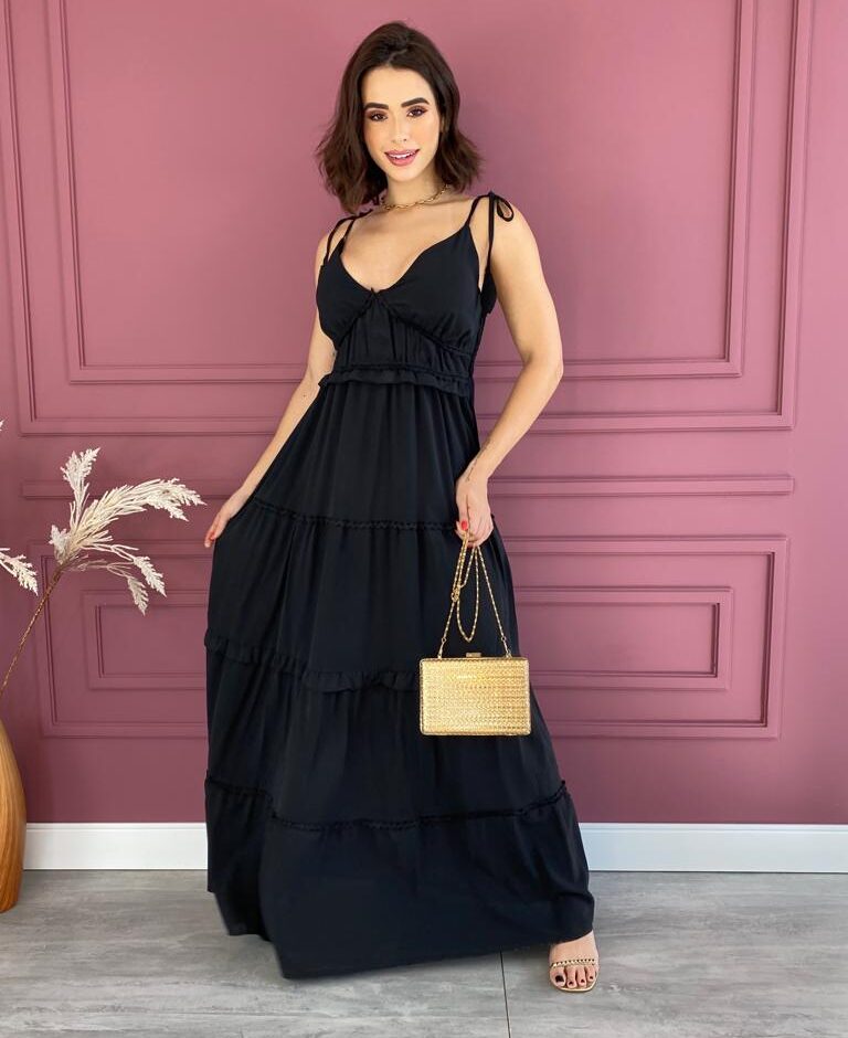 Vestido Longo com Bojo Alças com Amarração Preto - Fernanda Ramos Store