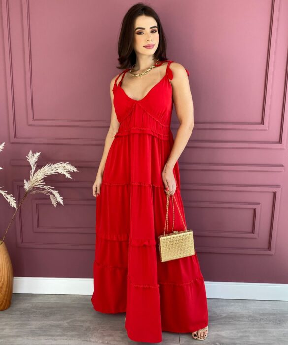 Vestido Longo com Bojo Alças com Amarração Vermelho Fernanda Ramos Store