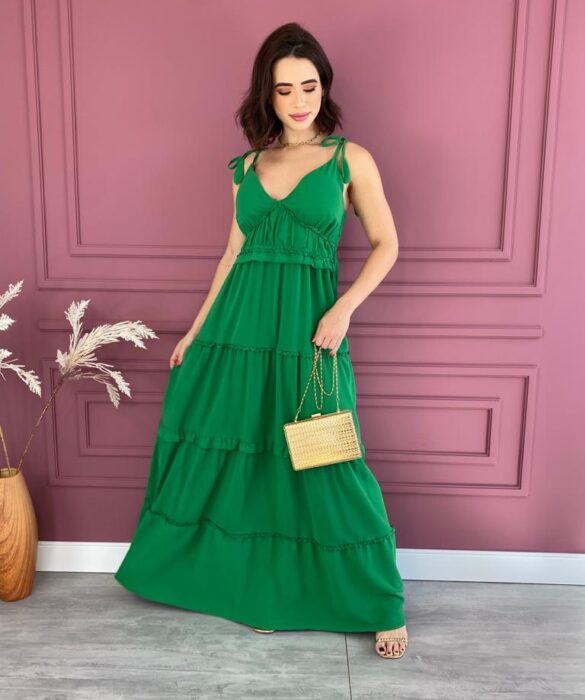 Vestido Longo com Bojo Alças com Amarração Verde Fernanda Ramos Store