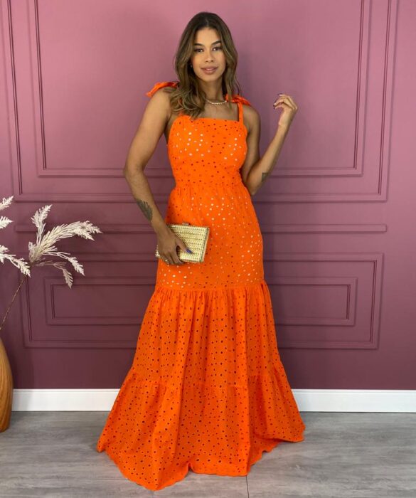 Vestido Longo com Bojo Amarração Alças Laise Laranja Fernanda Ramos Store