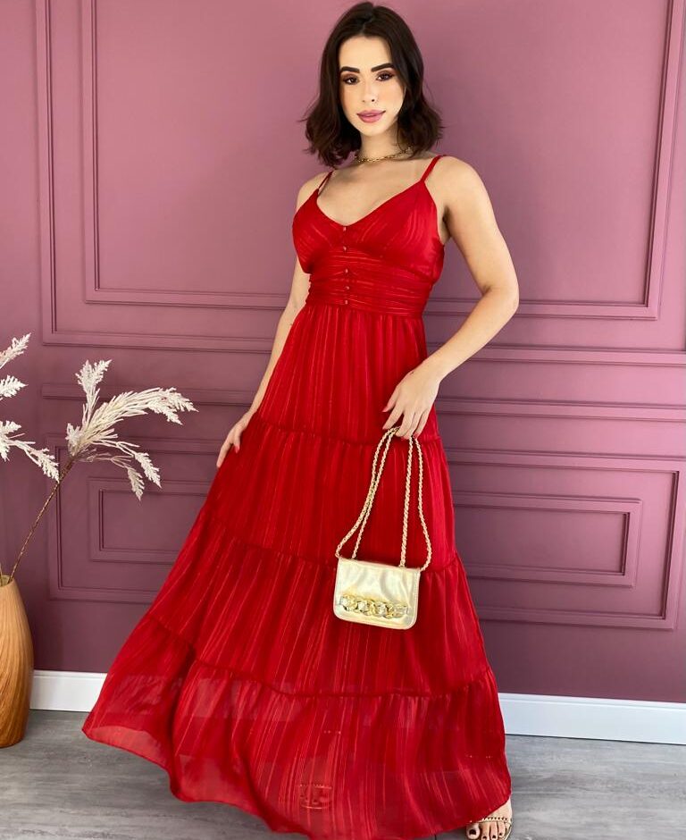 Vestido Longo com Bojo Botões Falso de Alça Vermelho - Fernanda Ramos Store