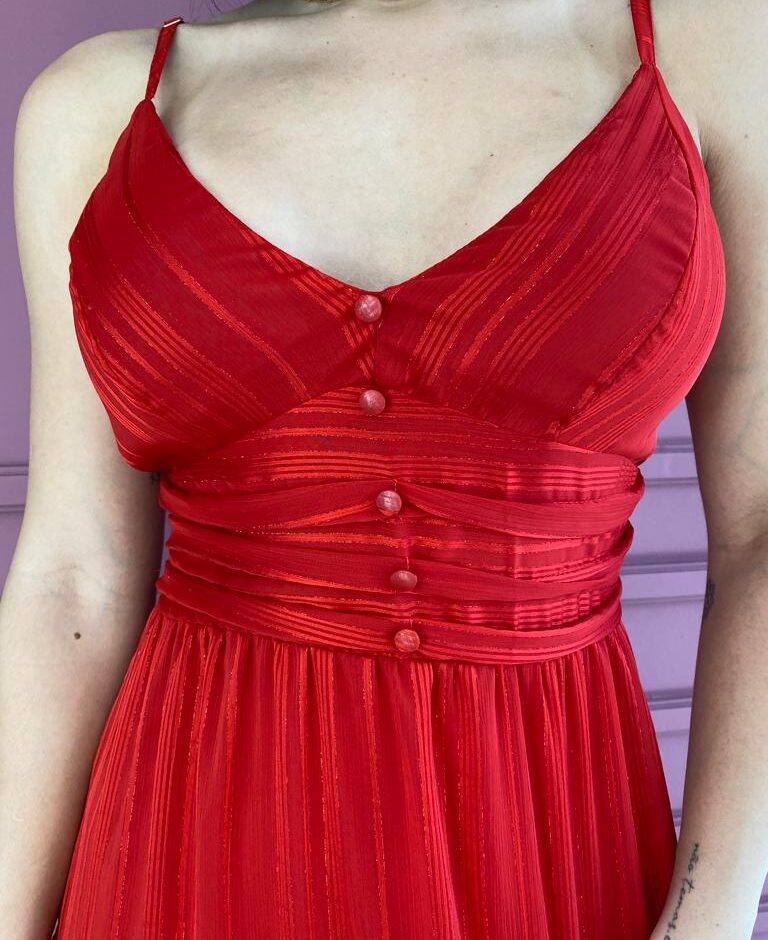 Vestido Longo com Bojo Botões Falso de Alça Vermelho - Fernanda Ramos Store