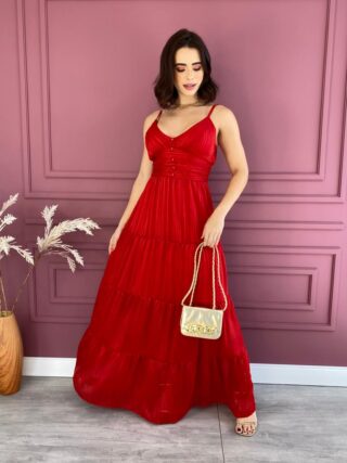 Vestido Longo com Bojo Botões Falso de Alça Vermelho Fernanda Ramos Store