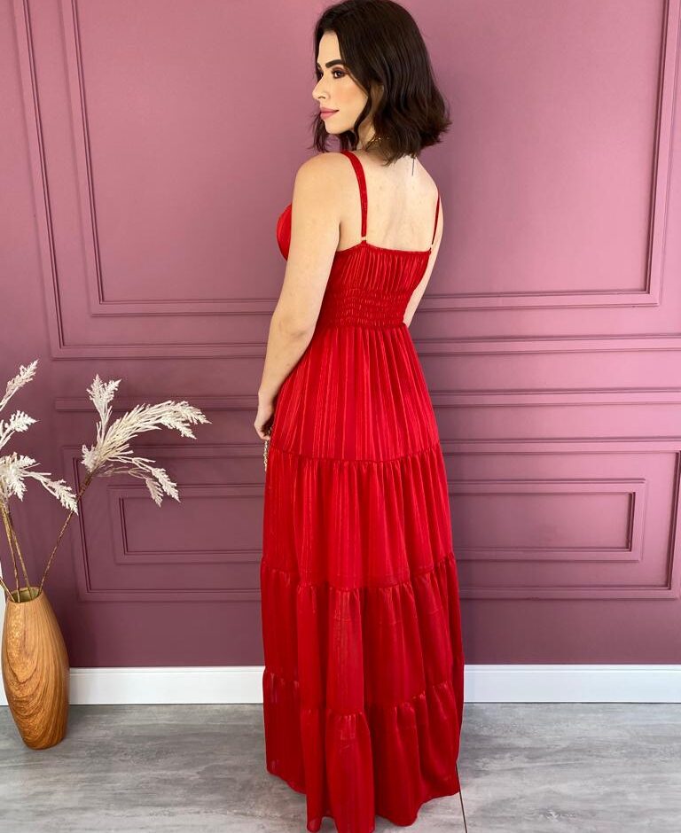 Vestido Longo com Bojo Botões Falso de Alça Vermelho - Fernanda Ramos Store