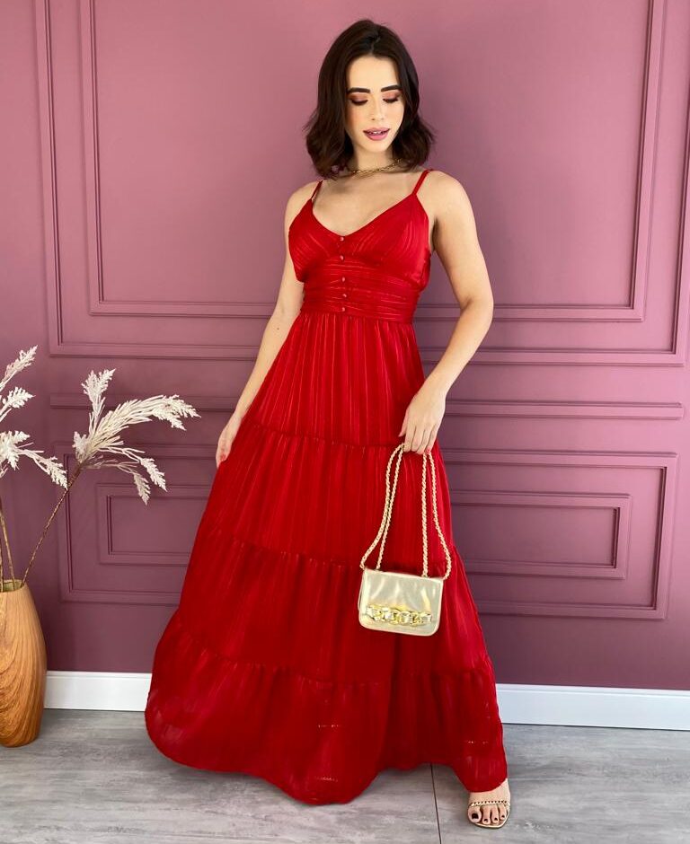 Vestido Longo com Bojo Botões Falso de Alça Vermelho - Fernanda Ramos Store