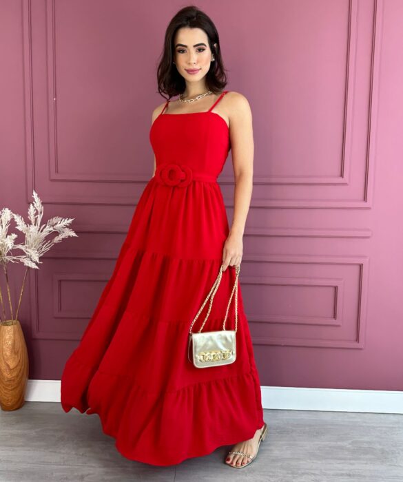 Vestido Longo com Bojo com Detalhe em Amarração Vermelho Fernanda Ramos Store