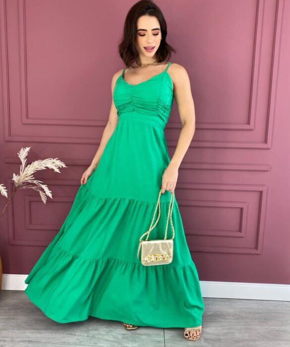 Vestido Longo com Bojo Detalhe Franzido Alça Regulável Verde Fernanda Ramos Store