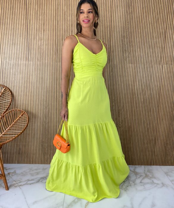 Vestido Longo com Bojo Detalhe Franzido Alça Regulável Verde Lima Fernanda Ramos Store