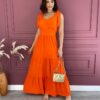 Vestido Longo com Bojo em Camadas Amarração nas Alças Laranja Fernanda Ramos Store