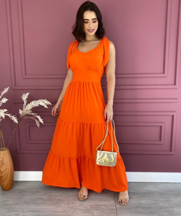 Vestido Longo com Bojo em Camadas Amarração nas Alças Laranja Fernanda Ramos Store