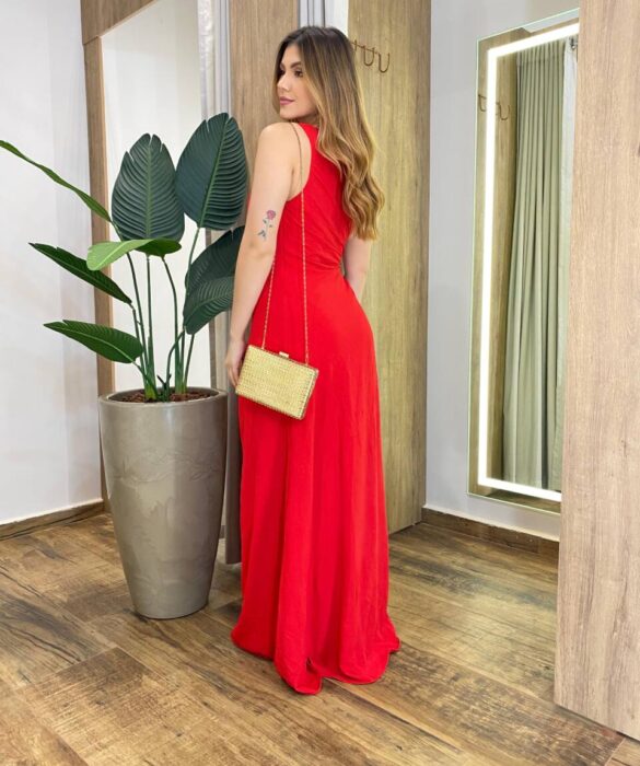 Vestido Longo com Bojo Mula Manca com Fenda Vermelho - Fernanda Ramos Store