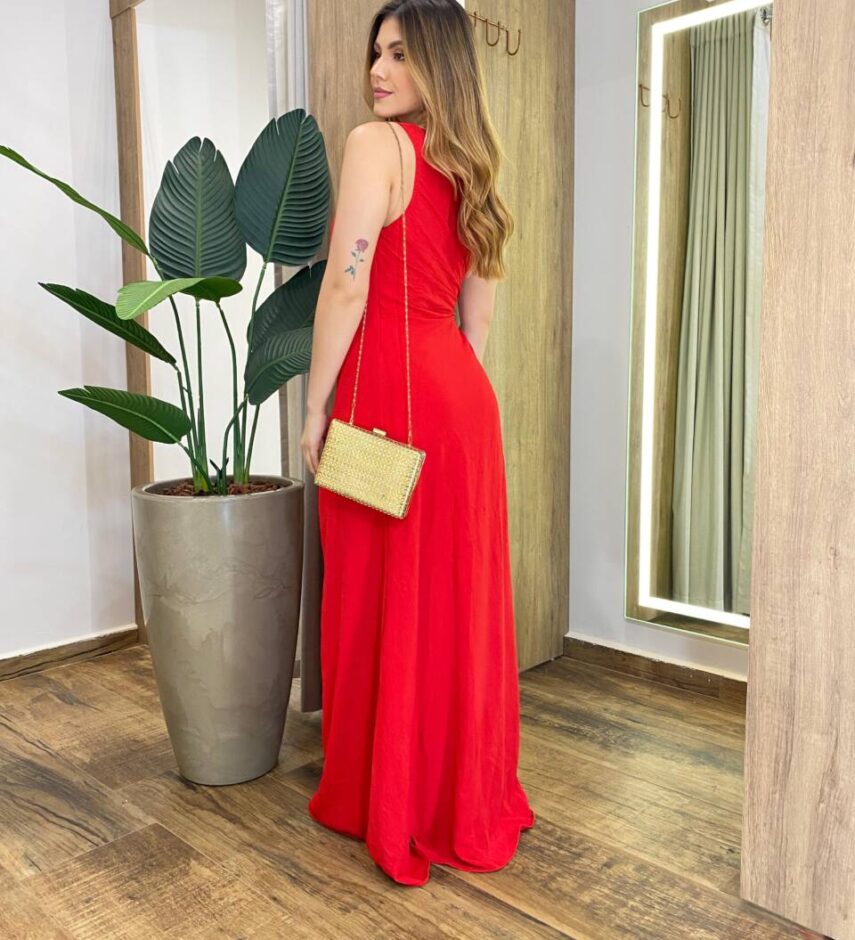 Vestido Longo com Bojo Mula Manca com Fenda Vermelho - Fernanda Ramos Store