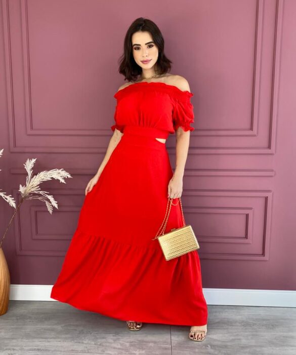 Vestido Longo com Bojo Ombro a Ombro Vermelho Fernanda Ramos Store