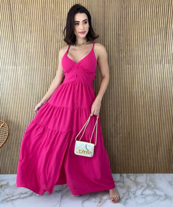 Vestido Longo com Bojo Pink Botões Falsos Fernanda Ramos Store