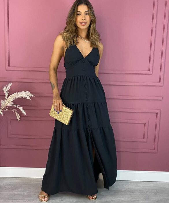 Vestido Longo com Bojo Preto Botões Falsos Fernanda Ramos Store