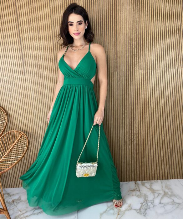 Vestido Longo com Bojo Tule Alça Regulável e Amarração Verde Fernanda Ramos Store