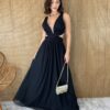 Vestido Longo com Bojo Tule com Abertura e Amarração Preto Fernanda Ramos Store