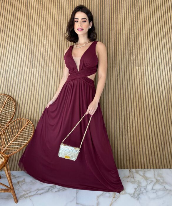 Vestido Longo com Bojo Tule com Abertura e Amarração Vinho Fernanda Ramos Store