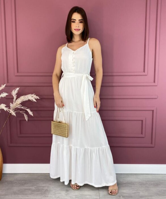 Vestido Longo com Botões e Amarração sem Bojo Branco Fernanda Ramos Store