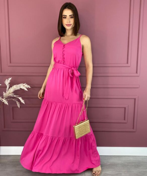 Vestido Longo com Botões e Amarração sem Bojo Pink Fernanda Ramos Store