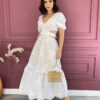 Vestido Longo de Laise Manga Curta com Amarração Branco Fernanda Ramos Store