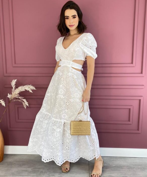 Vestido Longo de Laise Manga Curta com Amarração Branco Fernanda Ramos Store