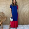 Vestido Longo de Malha Manga Curta Azul e Vermelho Fernanda Ramos Store