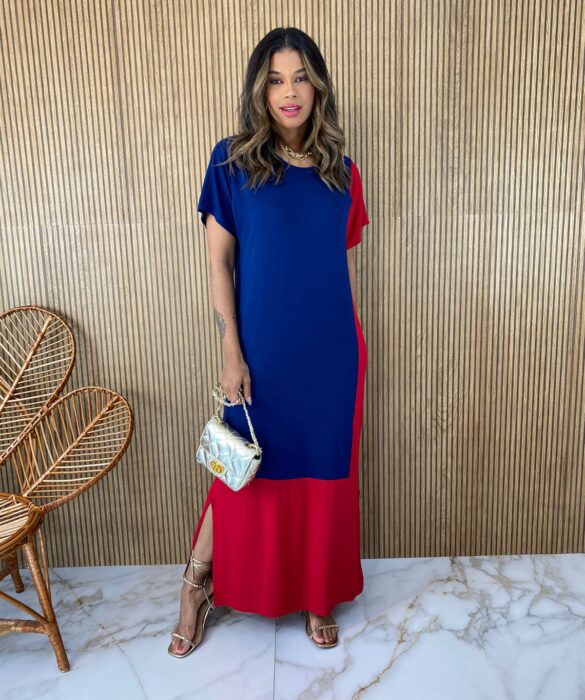 Vestido Longo de Malha Manga Curta Azul e Vermelho Fernanda Ramos Store